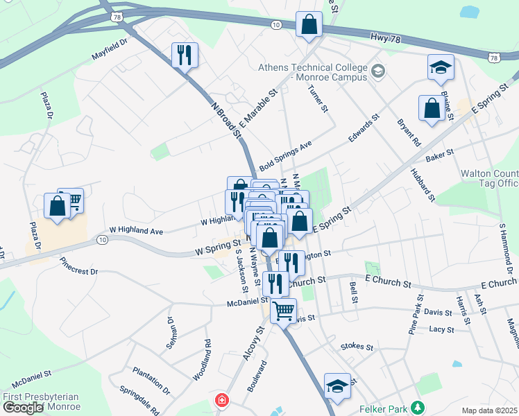 map of restaurants, bars, coffee shops, grocery stores, and more near 210 North Broad Street in Monroe