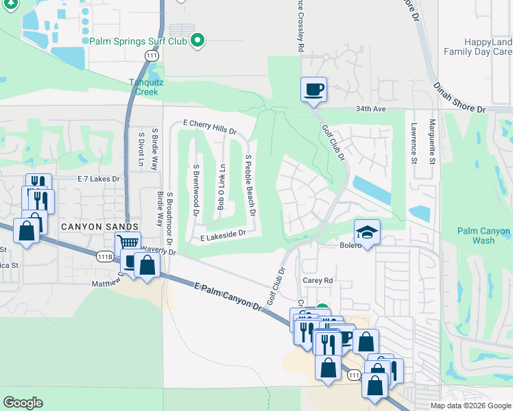 map of restaurants, bars, coffee shops, grocery stores, and more near 2358 South Pebble Beach Drive in Palm Springs