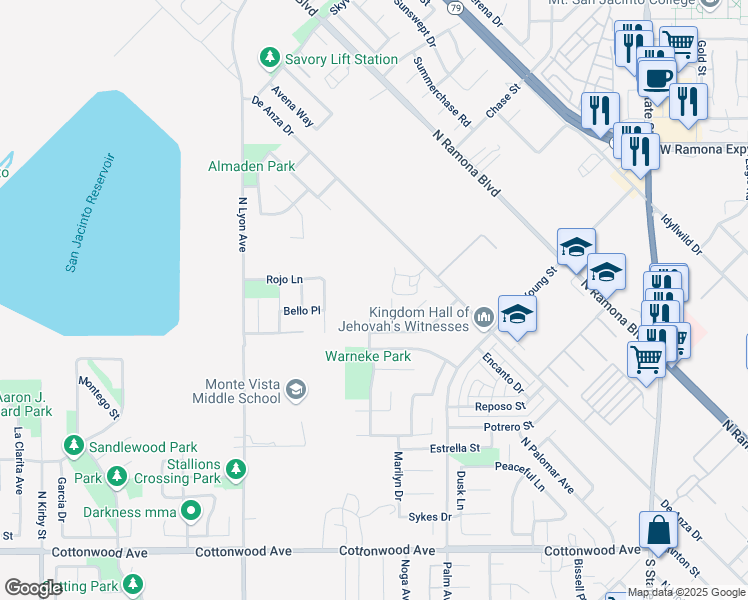 map of restaurants, bars, coffee shops, grocery stores, and more near 752 West Linn Point in San Jacinto