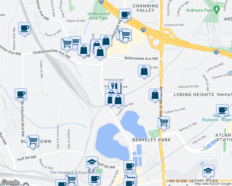 map of restaurants, bars, coffee shops, grocery stores, and more near 788 Berkeley Avenue Northwest in Atlanta