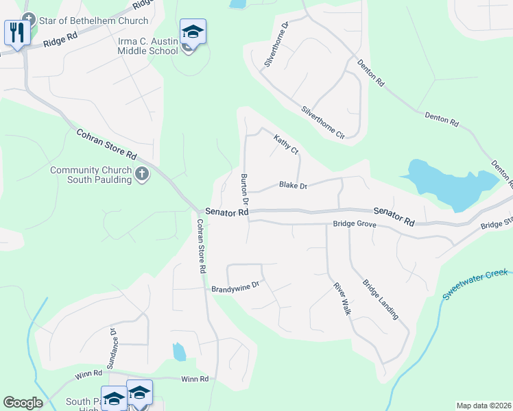 map of restaurants, bars, coffee shops, grocery stores, and more near 197 Senator Road in Douglasville