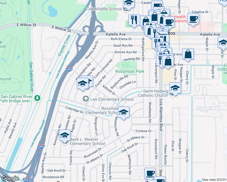 map of restaurants, bars, coffee shops, grocery stores, and more near 3131 Kittrick Drive in Los Alamitos