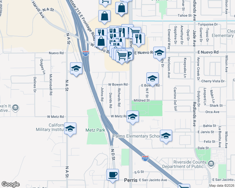 map of restaurants, bars, coffee shops, grocery stores, and more near 1068 Richards Road in Perris