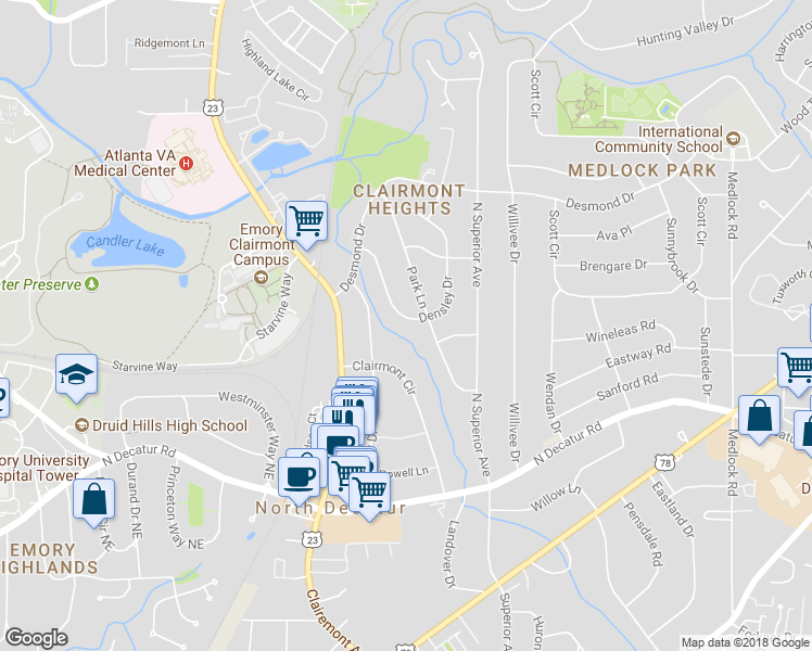 map of restaurants, bars, coffee shops, grocery stores, and more near 651 Densley Drive in Decatur