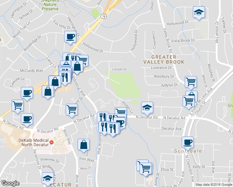 map of restaurants, bars, coffee shops, grocery stores, and more near 632 Jordan Lane in Decatur