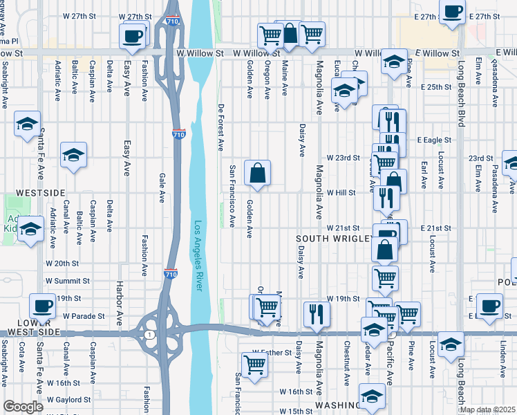 map of restaurants, bars, coffee shops, grocery stores, and more near 2155 Oregon Avenue in Long Beach