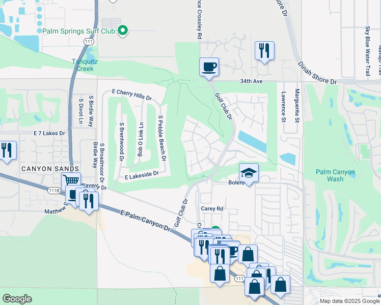 map of restaurants, bars, coffee shops, grocery stores, and more near 5300 Los Coyotes Drive in Palm Springs