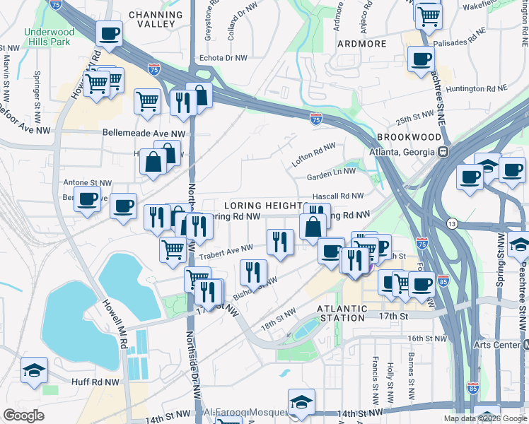map of restaurants, bars, coffee shops, grocery stores, and more near 471 Deering Road Northwest in Atlanta