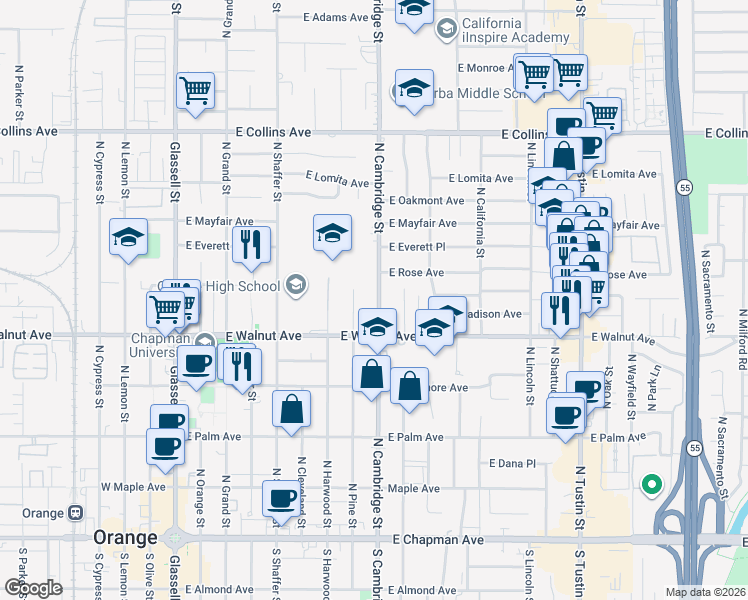 map of restaurants, bars, coffee shops, grocery stores, and more near 570 North Cambridge Street in Orange