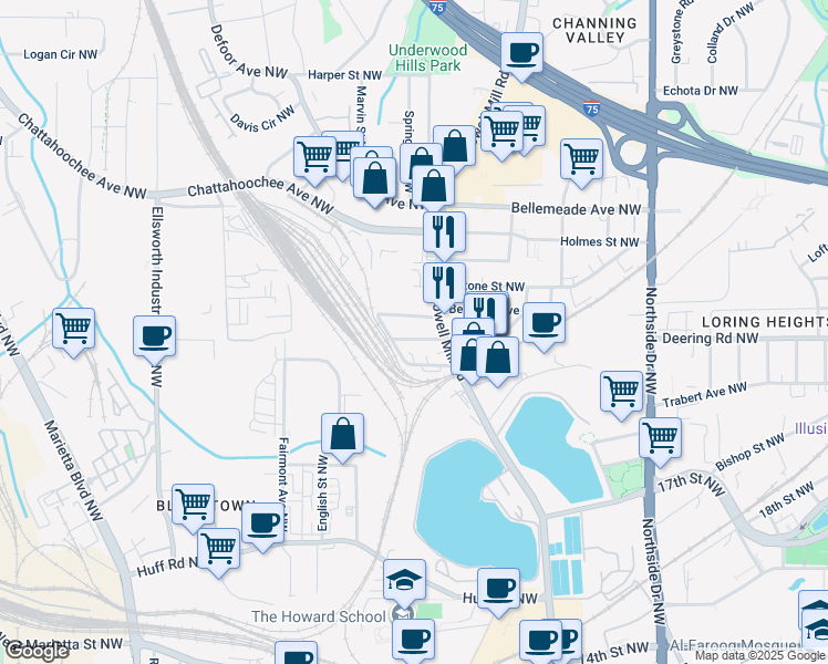 map of restaurants, bars, coffee shops, grocery stores, and more near 889 Morris Street Northwest in Atlanta