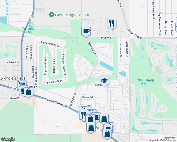 map of restaurants, bars, coffee shops, grocery stores, and more near 2396 Los Coyotes Drive in Palm Springs