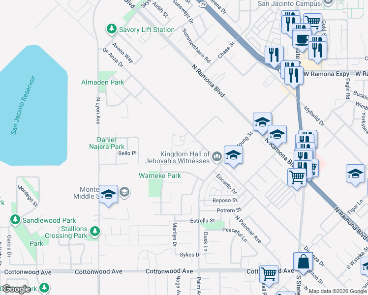 map of restaurants, bars, coffee shops, grocery stores, and more near 750 Multnomah Court in San Jacinto