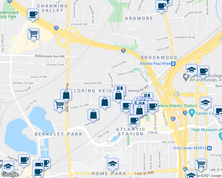 map of restaurants, bars, coffee shops, grocery stores, and more near 411 Deering Road Northwest in Atlanta