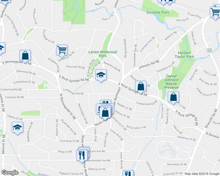 map of restaurants, bars, coffee shops, grocery stores, and more near 1527 Fordham Court Northeast in Atlanta