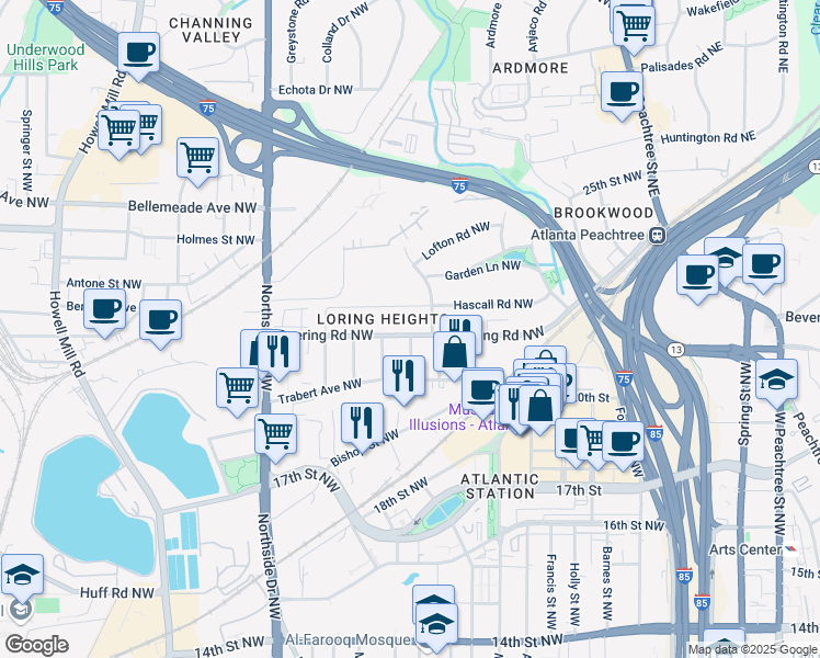 map of restaurants, bars, coffee shops, grocery stores, and more near 433 Deering Road Northwest in Atlanta