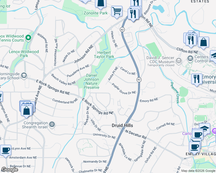 map of restaurants, bars, coffee shops, grocery stores, and more near 1551 Anita Place Northeast in Atlanta