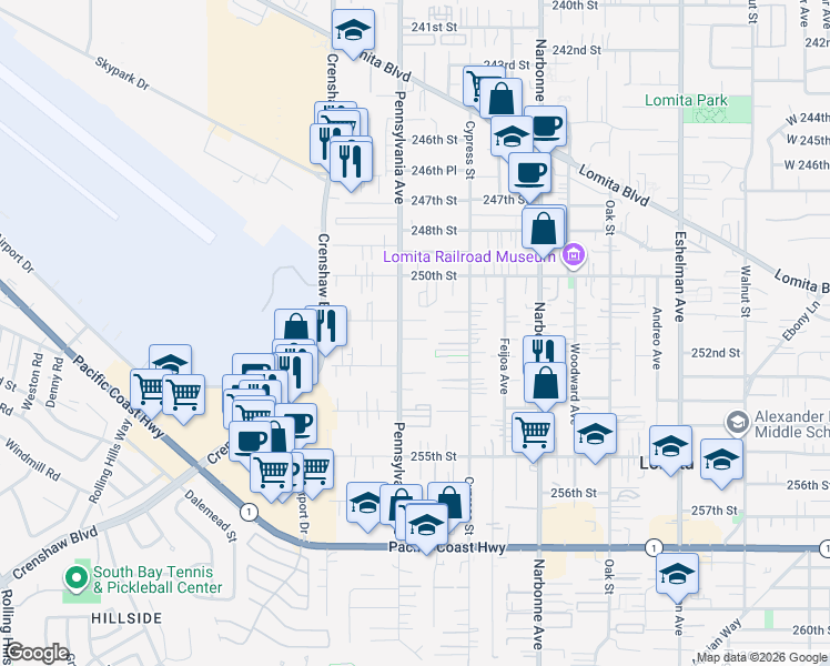 map of restaurants, bars, coffee shops, grocery stores, and more near 2363 McKenna Court in Lomita