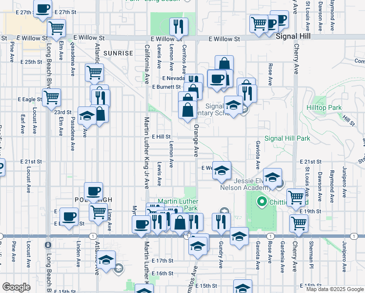 map of restaurants, bars, coffee shops, grocery stores, and more near 1143 East Salt Lake Street in Long Beach