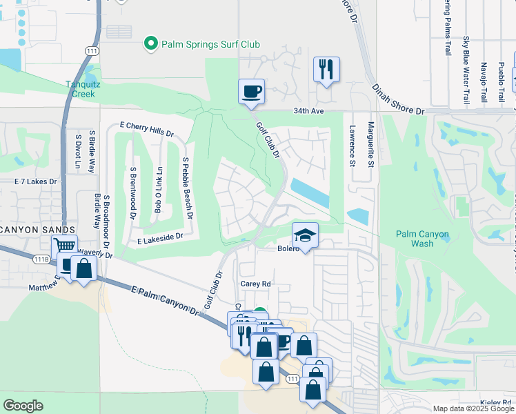 map of restaurants, bars, coffee shops, grocery stores, and more near 2396 Los Coyotes Drive in Palm Springs