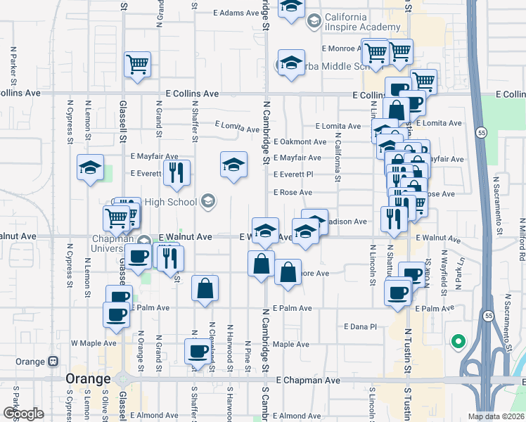map of restaurants, bars, coffee shops, grocery stores, and more near 570 North Cambridge Street in Orange