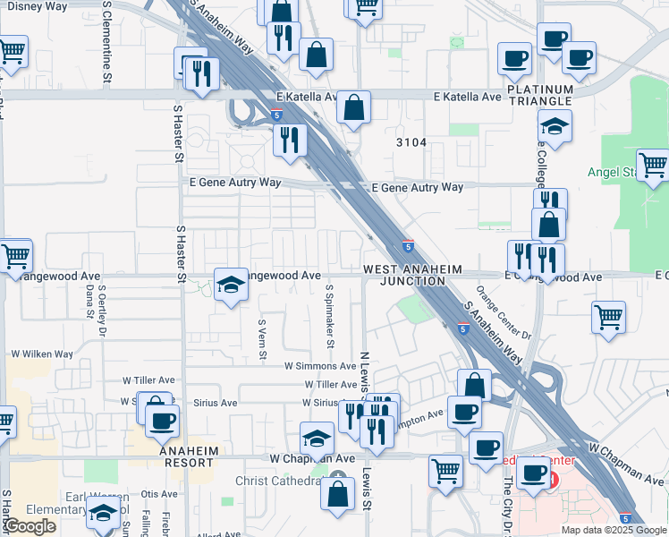 map of restaurants, bars, coffee shops, grocery stores, and more near 835 East Orangewood Avenue in Anaheim
