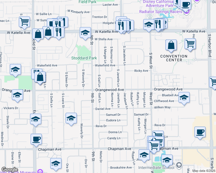 map of restaurants, bars, coffee shops, grocery stores, and more near 2071 South Norma Lane in Anaheim