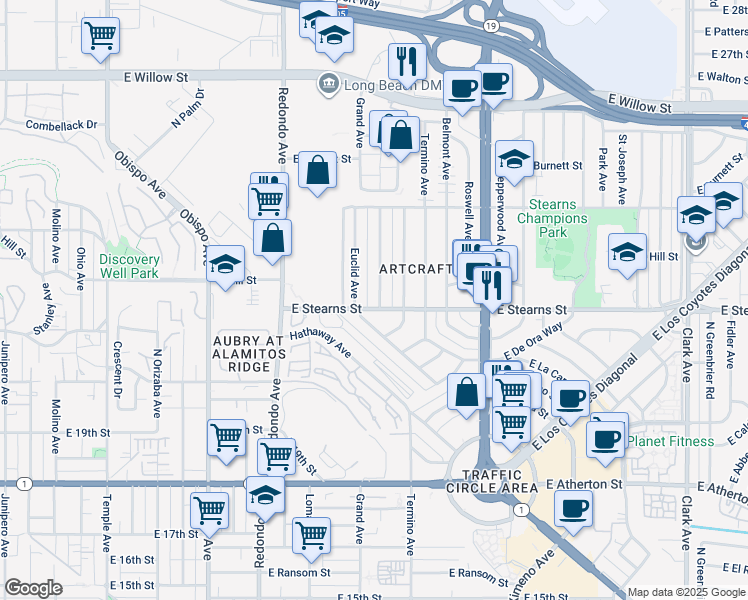 map of restaurants, bars, coffee shops, grocery stores, and more near 2209 Grand Avenue in Long Beach