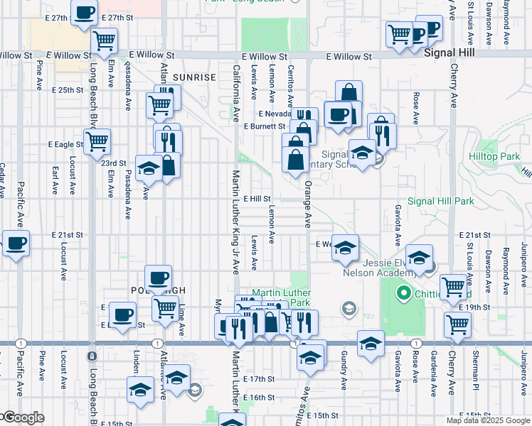 map of restaurants, bars, coffee shops, grocery stores, and more near 1051 East Salt Lake Street in Long Beach