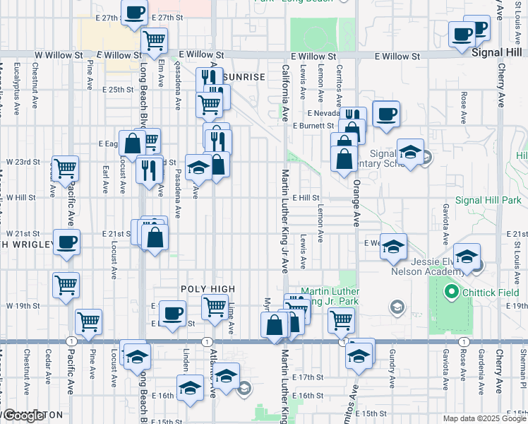 map of restaurants, bars, coffee shops, grocery stores, and more near 2165 Myrtle Avenue in Long Beach