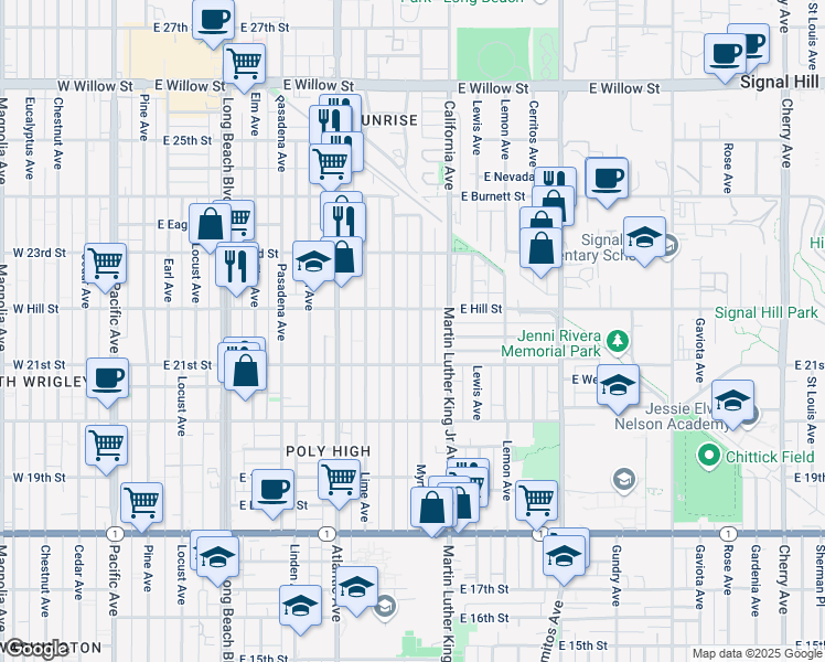 map of restaurants, bars, coffee shops, grocery stores, and more near 2165 Myrtle Avenue in Long Beach