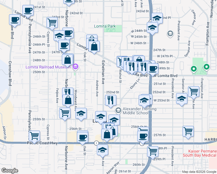 map of restaurants, bars, coffee shops, grocery stores, and more near 25110 Eshelman Avenue in Lomita