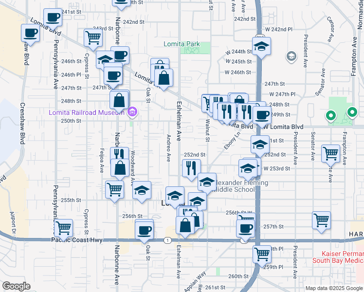 map of restaurants, bars, coffee shops, grocery stores, and more near 25110 Eshelman Avenue in Lomita