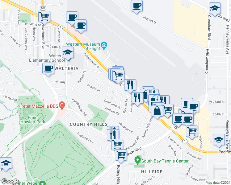 map of restaurants, bars, coffee shops, grocery stores, and more near 25201 Loytan Street in Torrance