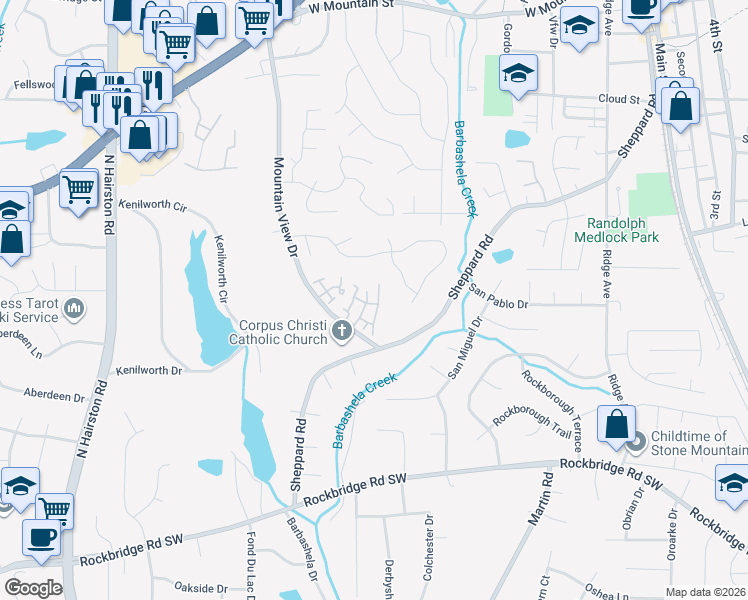 map of restaurants, bars, coffee shops, grocery stores, and more near 633 Garden Walk Drive in Stone Mountain