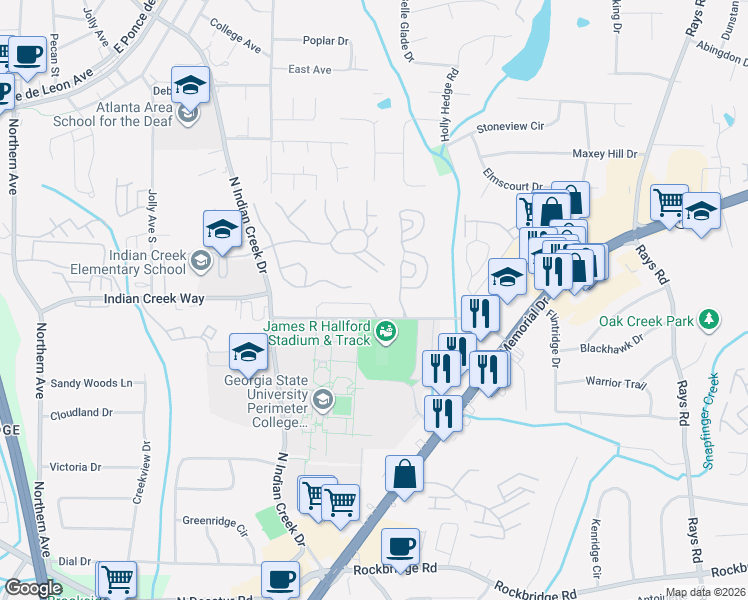 map of restaurants, bars, coffee shops, grocery stores, and more near 3864 Parklane Drive in Clarkston
