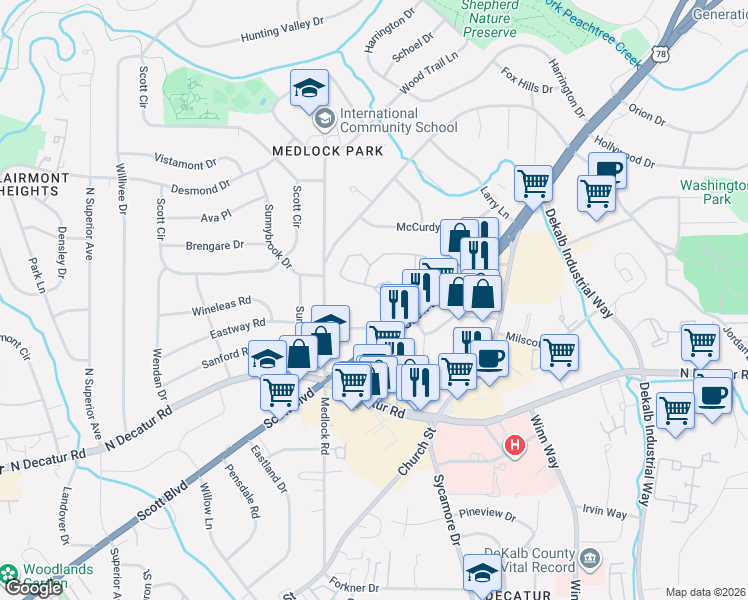 map of restaurants, bars, coffee shops, grocery stores, and more near 908 Tuxworth Circle in Decatur