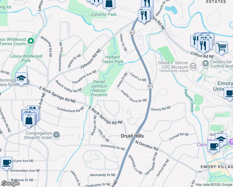 map of restaurants, bars, coffee shops, grocery stores, and more near 1551 Anita Place Northeast in Atlanta
