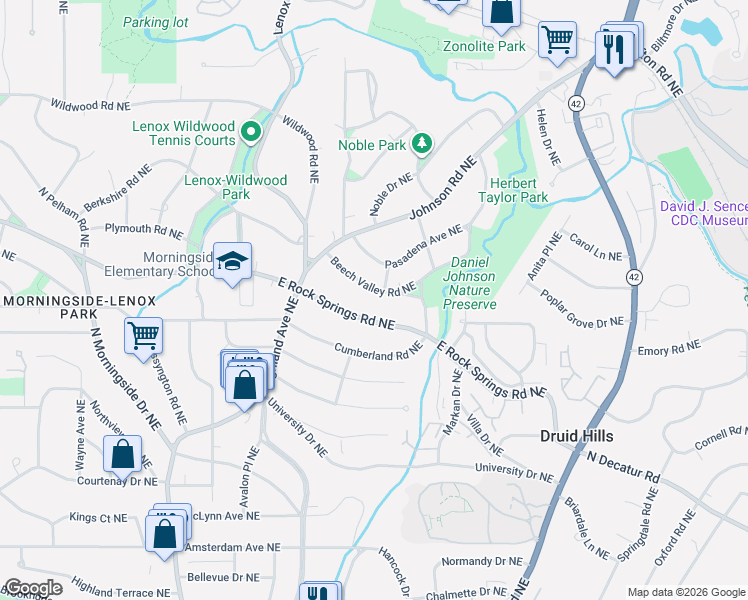 map of restaurants, bars, coffee shops, grocery stores, and more near 1241 Beech Valley Road Northeast in Atlanta