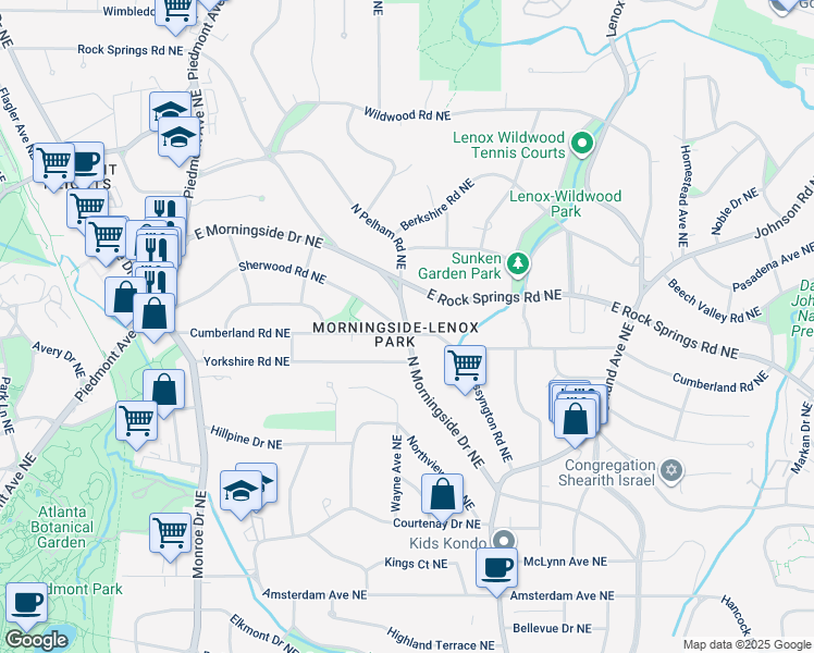 map of restaurants, bars, coffee shops, grocery stores, and more near 1539 North Morningside Drive Northeast in Atlanta