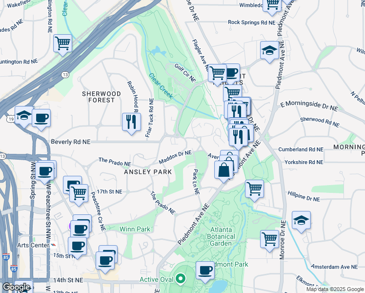 map of restaurants, bars, coffee shops, grocery stores, and more near 18 Polo Drive Northeast in Atlanta