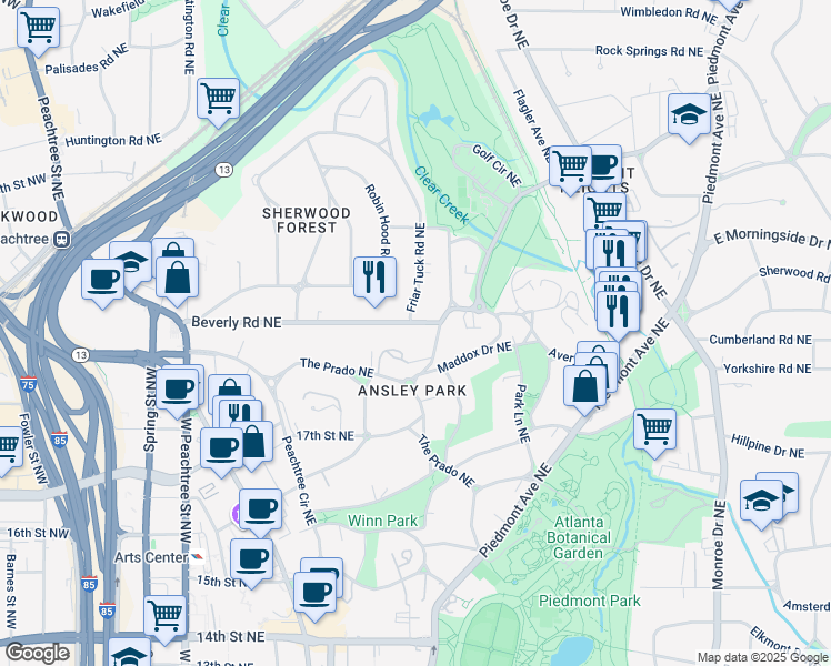 map of restaurants, bars, coffee shops, grocery stores, and more near 251 Beverly Road Northeast in Atlanta