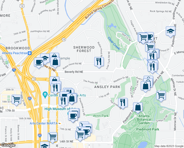 map of restaurants, bars, coffee shops, grocery stores, and more near 171 Beverly Road Northeast in Atlanta