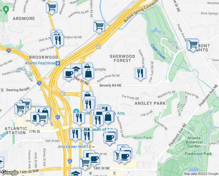 map of restaurants, bars, coffee shops, grocery stores, and more near 79 Beverly Road Northeast in Atlanta