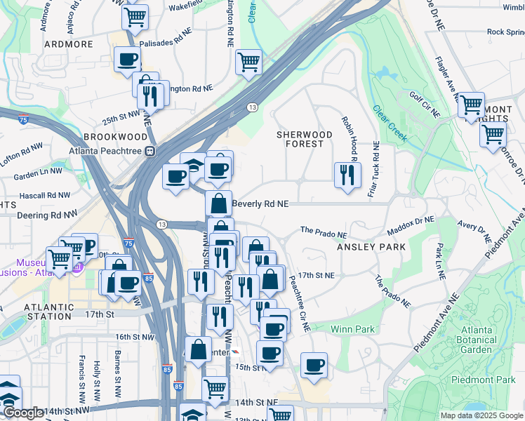 map of restaurants, bars, coffee shops, grocery stores, and more near 55 Beverly Road Northeast in Atlanta