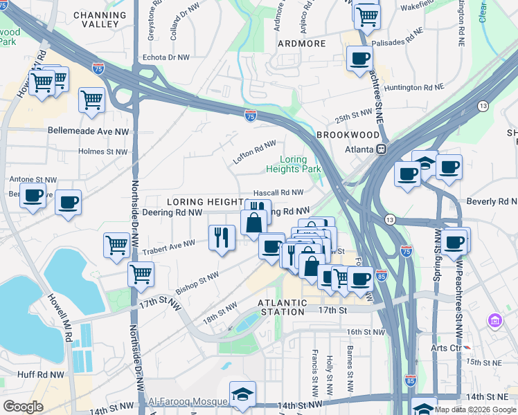 map of restaurants, bars, coffee shops, grocery stores, and more near 383 Deering Road Northwest in Atlanta