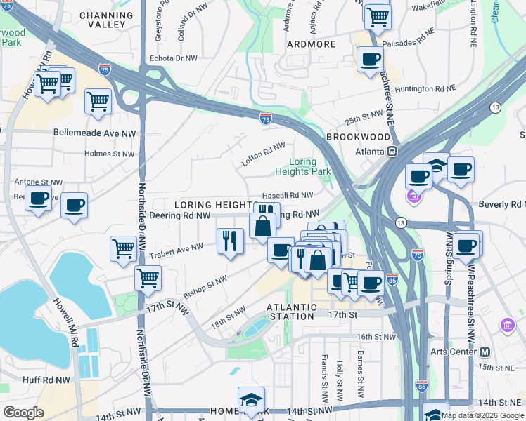 map of restaurants, bars, coffee shops, grocery stores, and more near 383 Deering Road Northwest in Atlanta