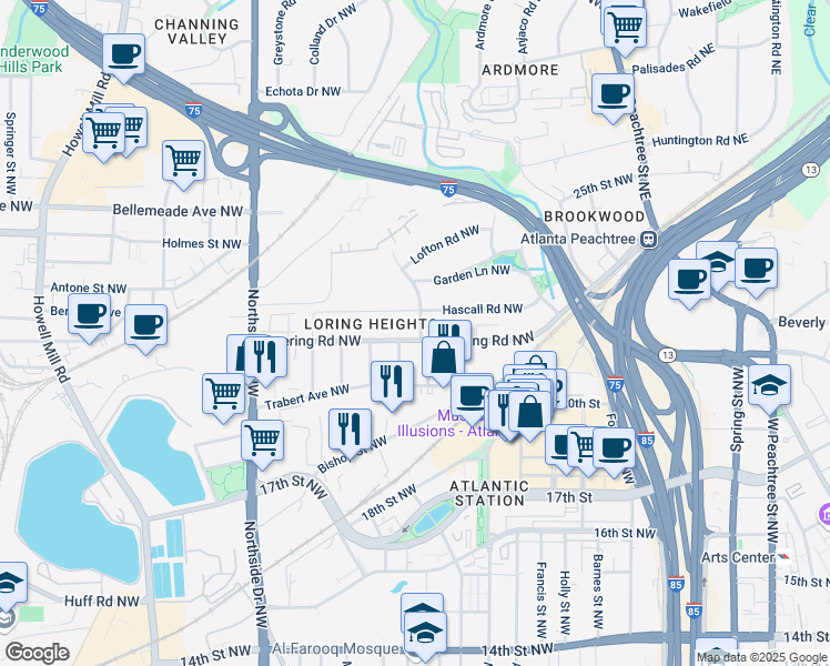 map of restaurants, bars, coffee shops, grocery stores, and more near 411 Deering Road Northwest in Atlanta