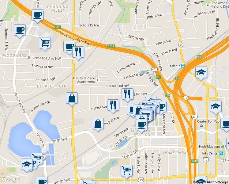 map of restaurants, bars, coffee shops, grocery stores, and more near 423 Deering Road Northwest in Atlanta