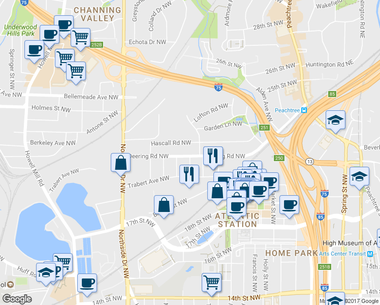 map of restaurants, bars, coffee shops, grocery stores, and more near 423 Deering Road Northwest in Atlanta