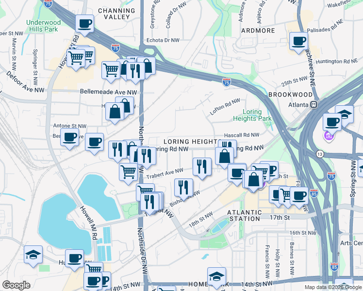map of restaurants, bars, coffee shops, grocery stores, and more near 507 Deering Road Northwest in Atlanta